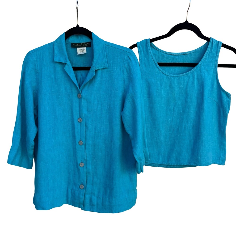 Harve Benard 100% Linen Coastal Lagenlook Minimalist Shirt Tank Set Teal Women 8